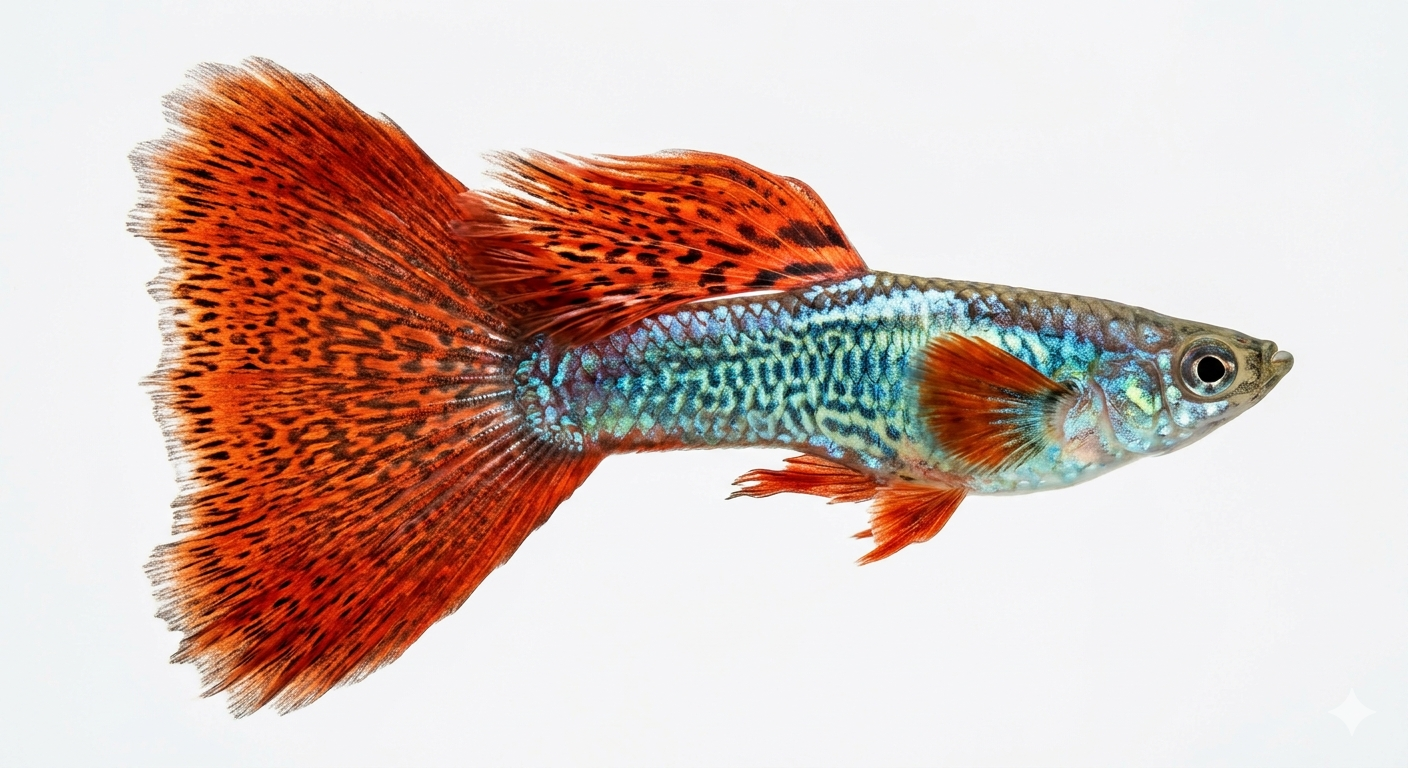 A single fancy guppy, side profile