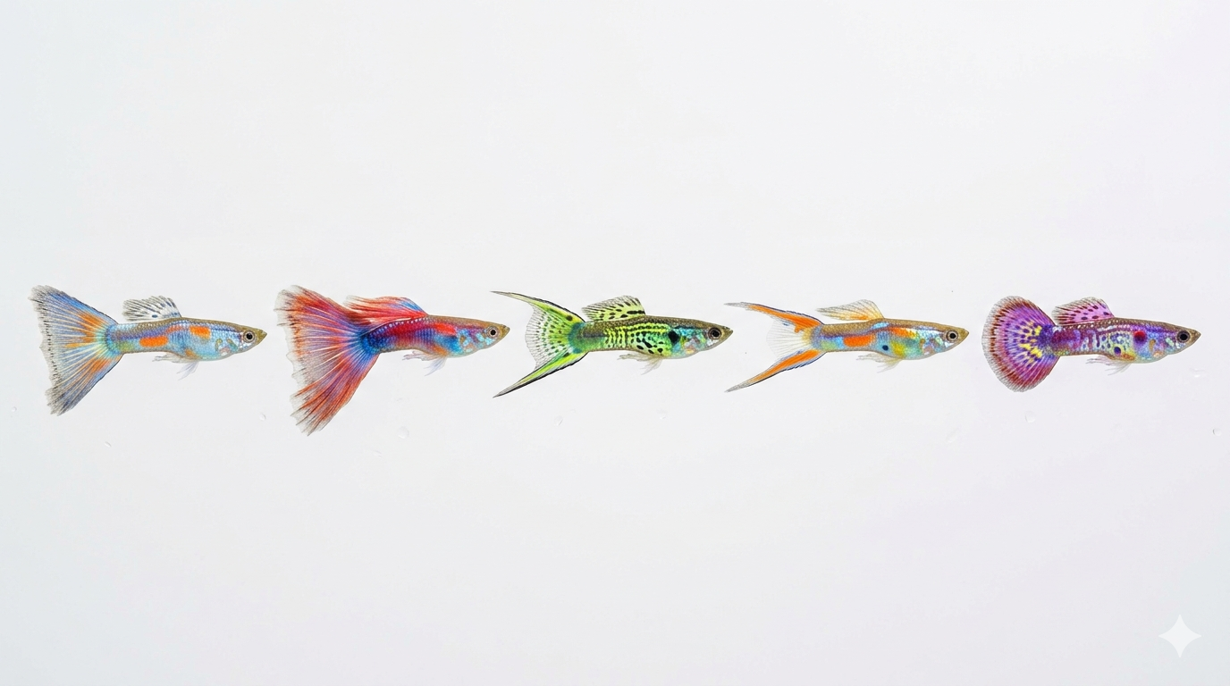 Five male guppies in a row showing different tail shapes